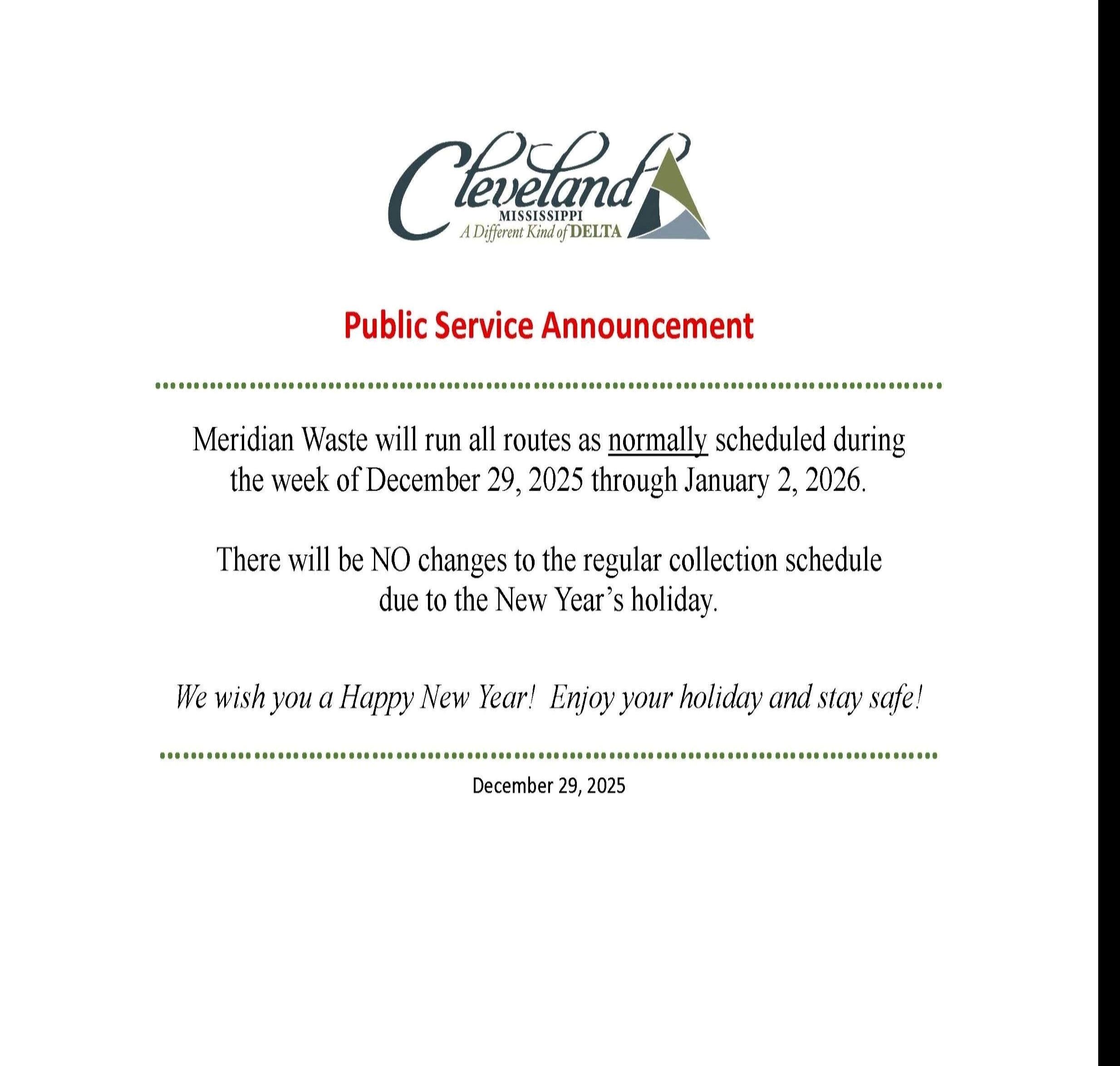 Public Service Announcement - Trash Schedule - No Change - New Years